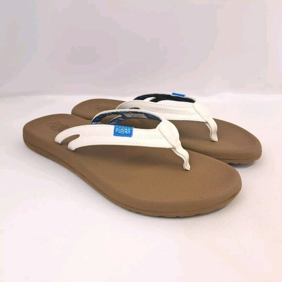 Womens Flojos Flip Flop Sandals Size 7 White And Brown Memory Foam Comfort - Picture 1 of 11
